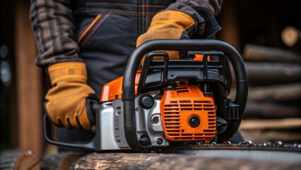 A closeup of the chainsaw reveals its intricate mechanisms and robust engine with the loggers gloved hand poised over the throttle ready to start the next .