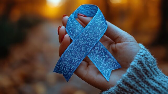 Hand Holding Blue Ribbon with Red Drop for Diabetes Awareness