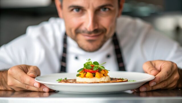 A closeup of the chefs hands as they elegantly plate a gourmet dish capturing the intricate details and artistry while the chefs relaxed smile subtly hints at pride in their work.