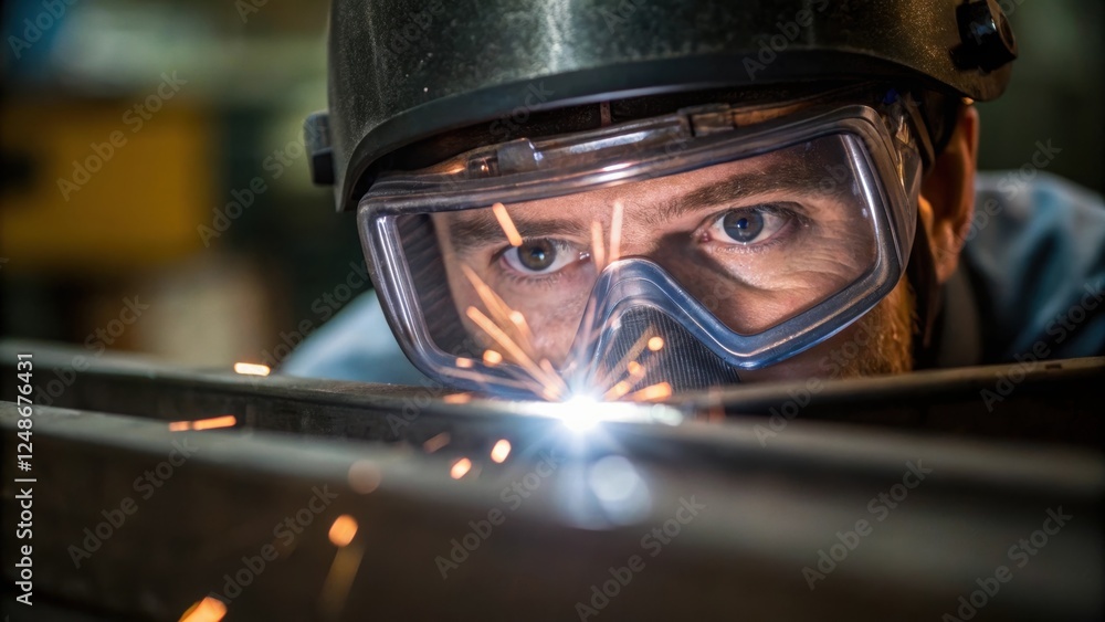 Aufkleber a closeup of the fabricators face partly obscured by safety goggles reflecting the bright light of t