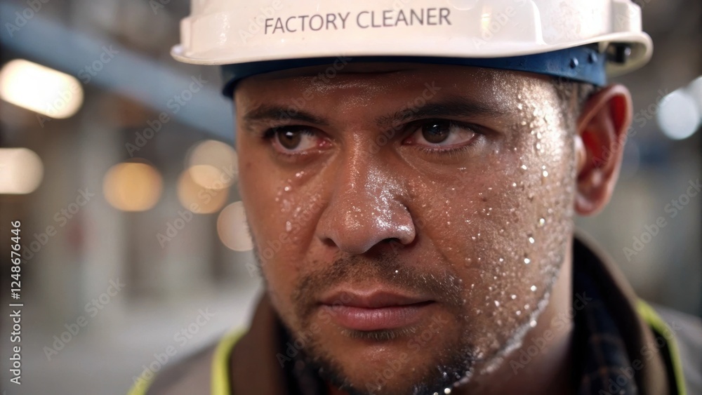 Poster a closeup of the factory cleaners face reveals determination and professionalism highlighting beads 