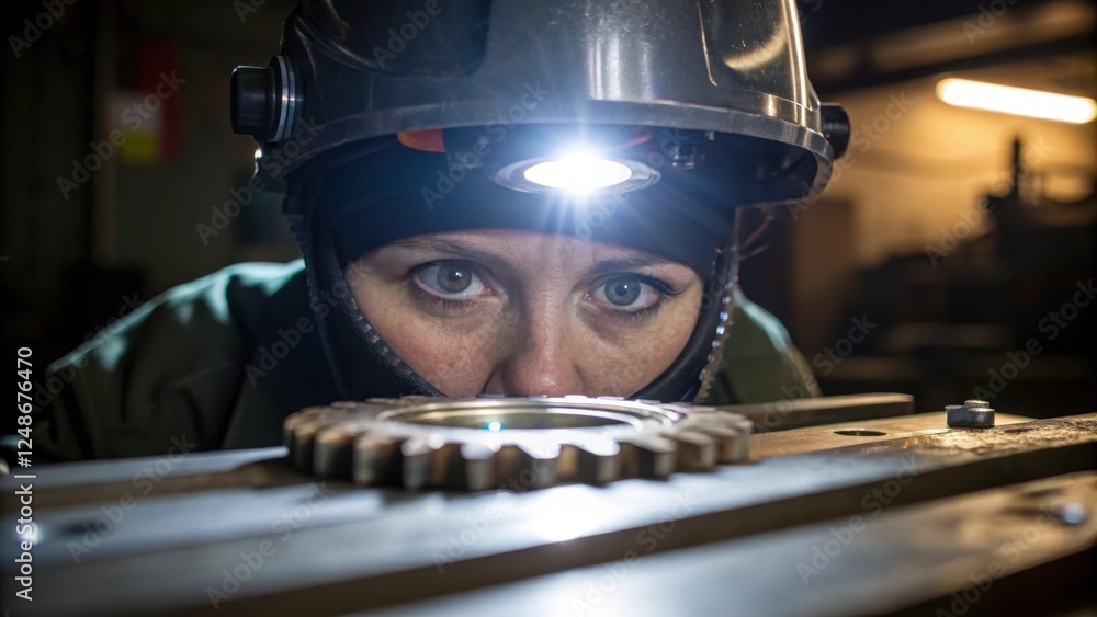 Poster a closeup of the fabricators face partially illuminated under a bright workshop light eyes narrowed 