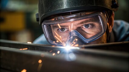 Fototapeta premium A closeup of the fabricators face partly obscured by safety goggles reflecting the bright light of the workshop and showcasing the determination and concentration during the ting