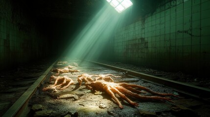 This haunting image captures eerie lighting illuminating strange, organic forms in an abandoned underground setting, evoking feelings of isolation and despair through its composition.