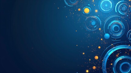 Abstract circles blue background with glowing orange dots and copy space. Digital tech pattern. Modern design for Christmas, New Year, Hanukkah, Diwali, Chinese New Year holiday banners