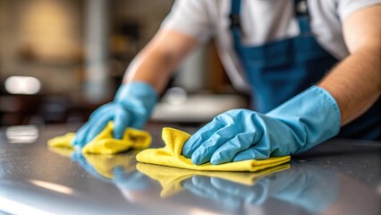 A closeup of the janitors hands gloved and steady as they meticulously polish a surface the cloth glistening from the effort.