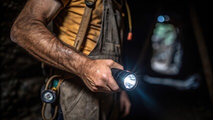 A closeup of the miners forearm as he holds a compact flashlight its beam slicing through the...