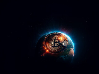 A digital currency emblem is set on a globe against a dark space scene. The sphere illuminates, implying connection and worldwide scope, representing finance.