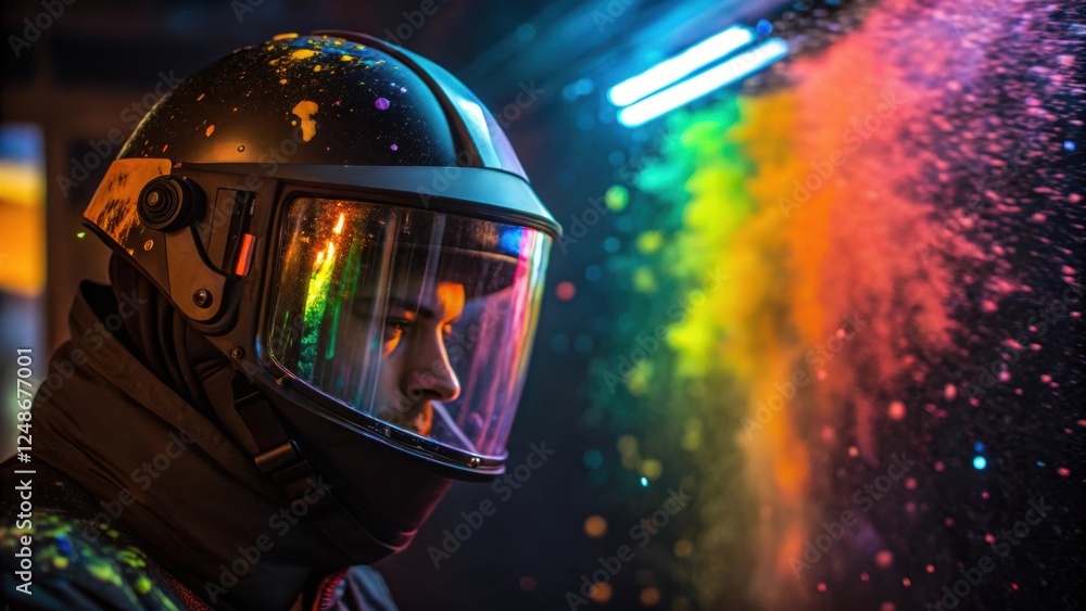 Poster a closeup of the operators visor reflecting the booths illumination and the colorful splashes of pai