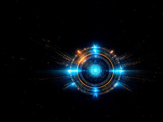 Obraz premium Vibrant, futuristic circle of light featuring radiant blue and orange flares against a stark dark backdrop. Illuminating and abstract, it evokes technology and energy.