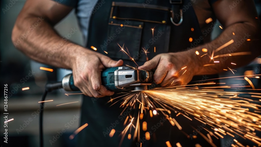 Poster A closeup of the plumbers strong hands as he operates a power tool with sparks flying in the foreground demonstrating his mastery of technical skills in a dynamic work environment.