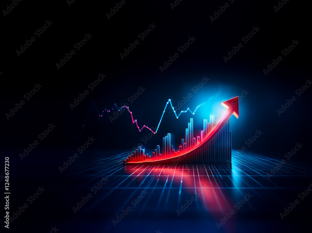 Fototapete A vibrant red arrow dynamically ascends over a bar graph against a dark backdrop, symbolizing progress and positive growth with a futuristic glow.