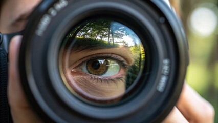 A closeup of the photographers eye visible through the viewfinder reflecting the surrounding environment while the camera lens remains sharply in focus highlighting the connection