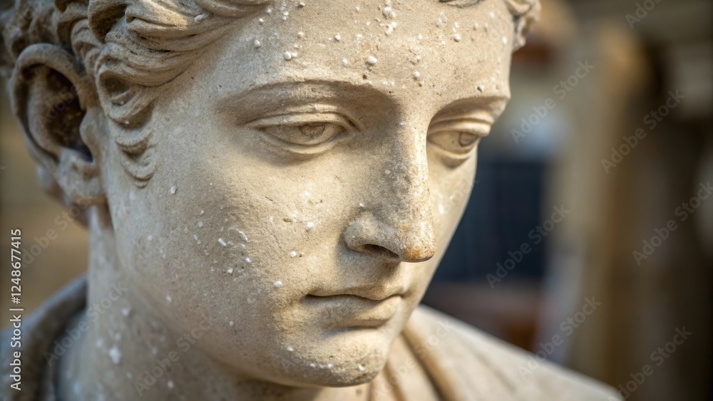 Poster a closeup of the sculptors face illuminated by natural light with tiny flecks of stone dust on their