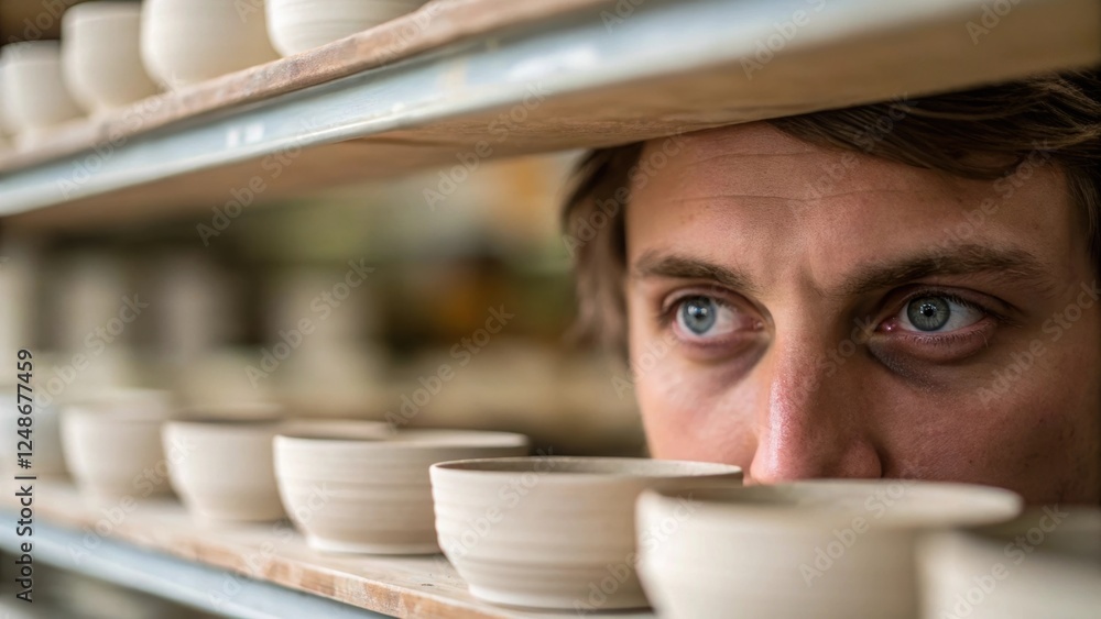 Poster a closeup of the potters eyes reflecting the light filled with passion and determination as they gaz