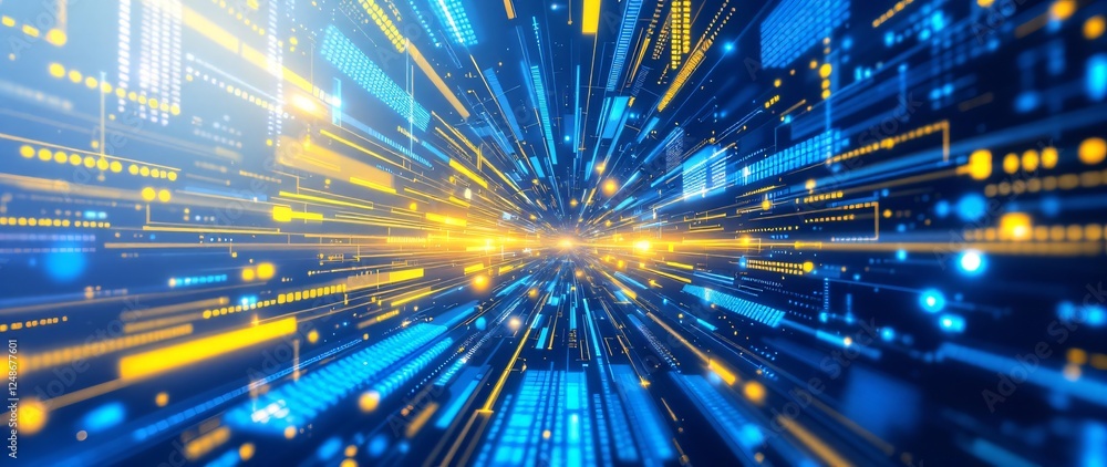 Poster digital technology speed motion blur with blue and yellow light trails. abstract futuristic data str