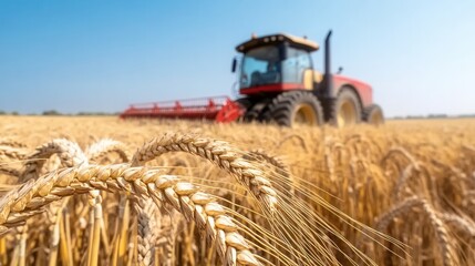 Fototapeta premium A panoramic shot of a golden wheat field swaying under a clear blue sky, with a distant tractor harvesting crops. Natural and agricultural.