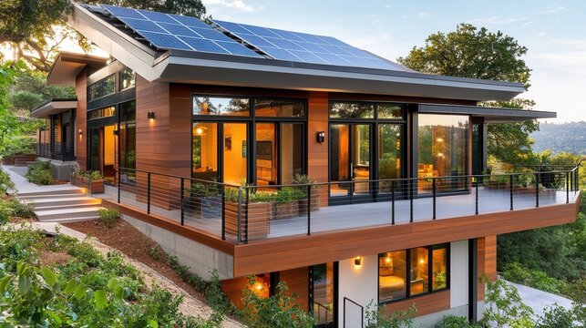 A modern home built with sustainable materials, featuring solar panels on the roof, surrounded by lush greenery, demonstrating eco conscious building practices