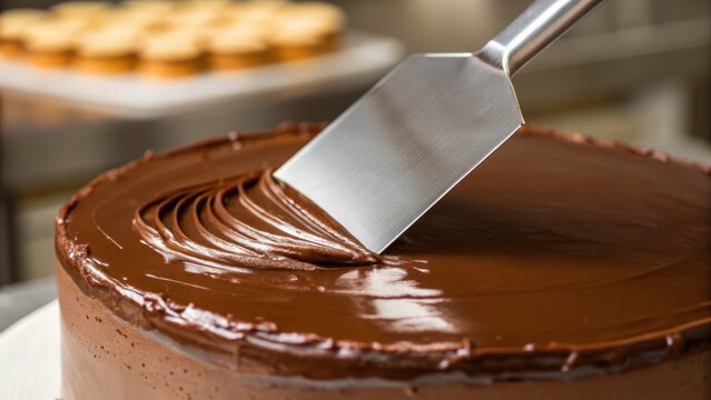 A closeup of the smooth spatula gliding over the cakes surface evenly spreading a rich chocolate ganache reflecting the bakers meticulous attention to detail.