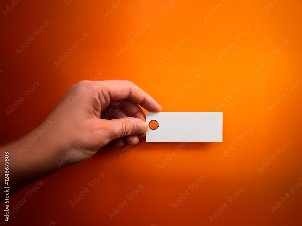 Aufkleber A hand gently holds a blank white rectangular tag with a hole against a vibrant orange backdrop, creating a simple studio shot.