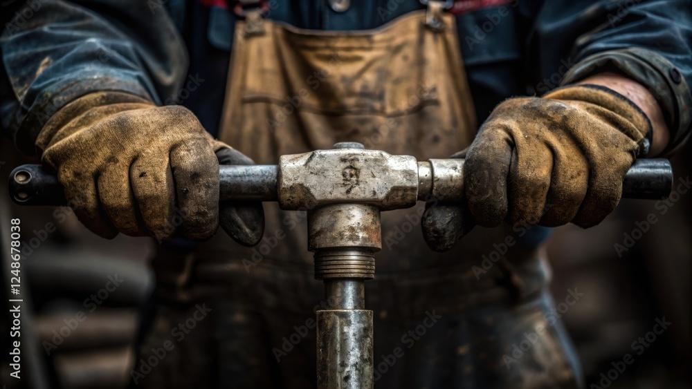 Poster a closeup of the workers hands calloused yet steady gripping the jackhammer firmly. the texture of t