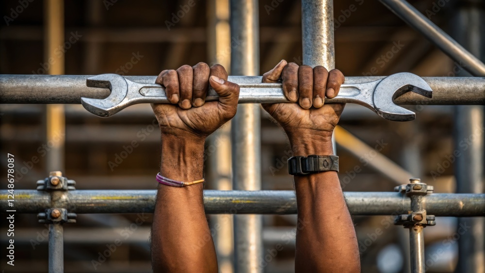 Poster A closeup of the workers strong hands gripping a wrench surrounded by various scaffold components symbolizing the blend of skill and strength needed for construction work.