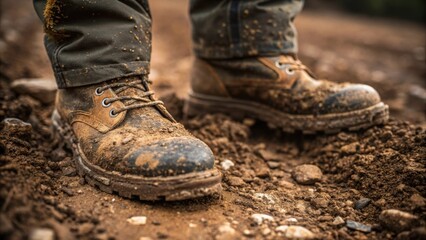 A closeup of the workers muddy boots firmly planted on the ground with splatters of dirt and small pebbles highlighting the rugged terrain they navigate daily.