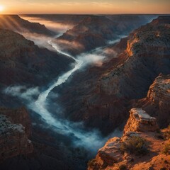 A magical sunrise over an enchanted canyon filled with glowing mist.