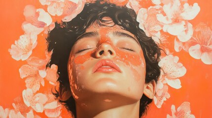 painting of a person with face mask and flowers in their hair