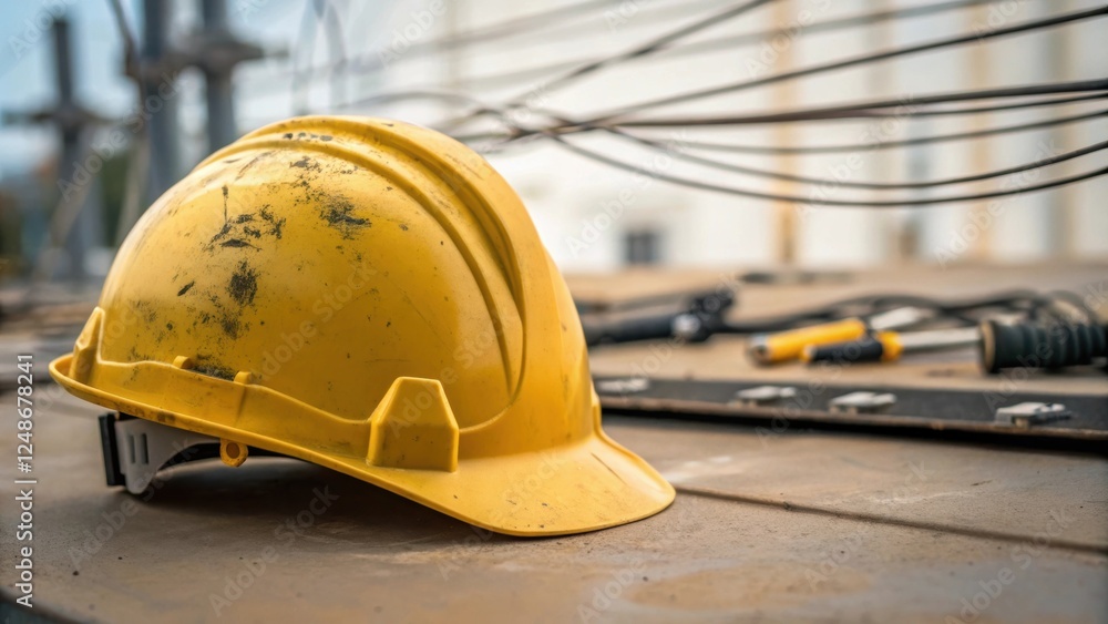 Poster a closeup on the electricians safety helmet resting slightly askew with a patch of dirt on the side 