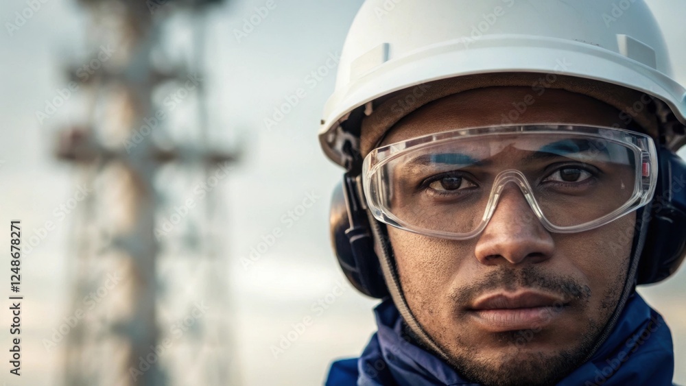 Poster a closeup on the technicians face determination evident in their expression as they wear protective 