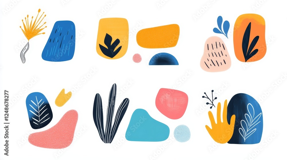 Poster abstract design featuring colorful shapes and botanical elements in a modern art style suitable for 