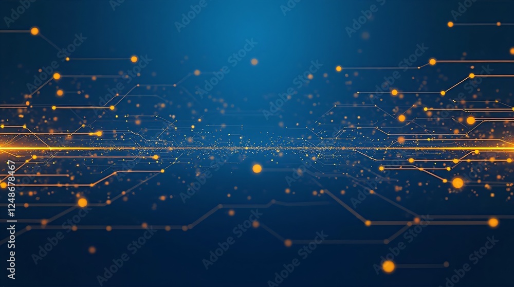 Poster digital technology circuit lines with glowing orange dots on dark blue background with copy space. a