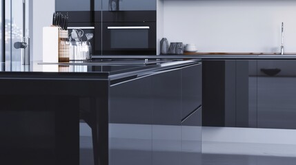 Modern Dark Kitchen Design with Sleek Island. Contemporary Interior