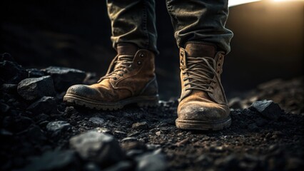 A closeup on the miners dustcovered boots emerging from the darkness juxtaposing the rugged terrain beneath with the hopeful gleam of daylight ahead.