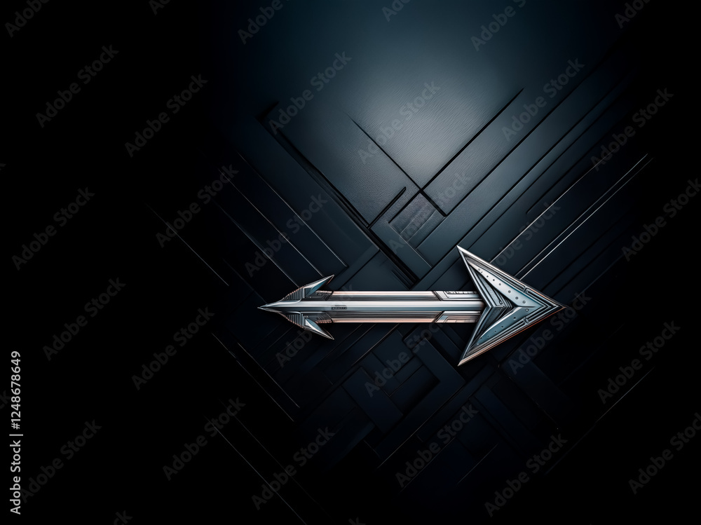 Poster shiny metallic arrow points right on a textured dark backdrop. angular arrow design contrasts with d