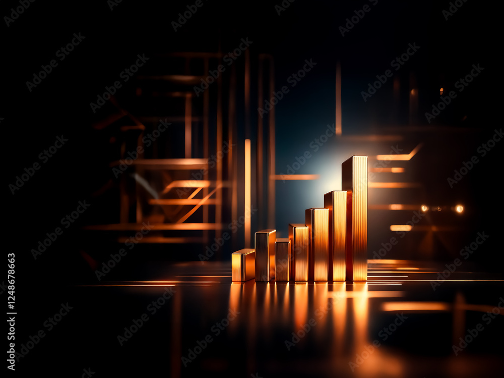 Poster Golden bars ascend like steps in a blurred, dark setting.  A shiny, metallic surface reflects light, representing growth, progress, and modern abstraction.