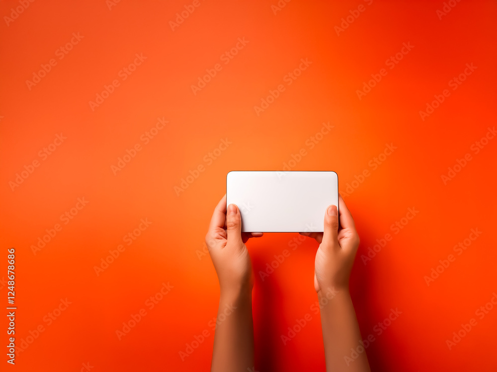 Aufkleber Hands hold a white rectangular object on a vibrant orange backdrop. Simple, minimal, top-down view emphasizing bright contrast and blank space.