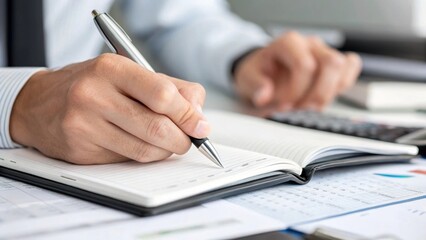 A closeup shot capturing the accountants hands meticulously writing notes in a planner with a sleek pen and organized papers in the background symbolizing attention to detail and