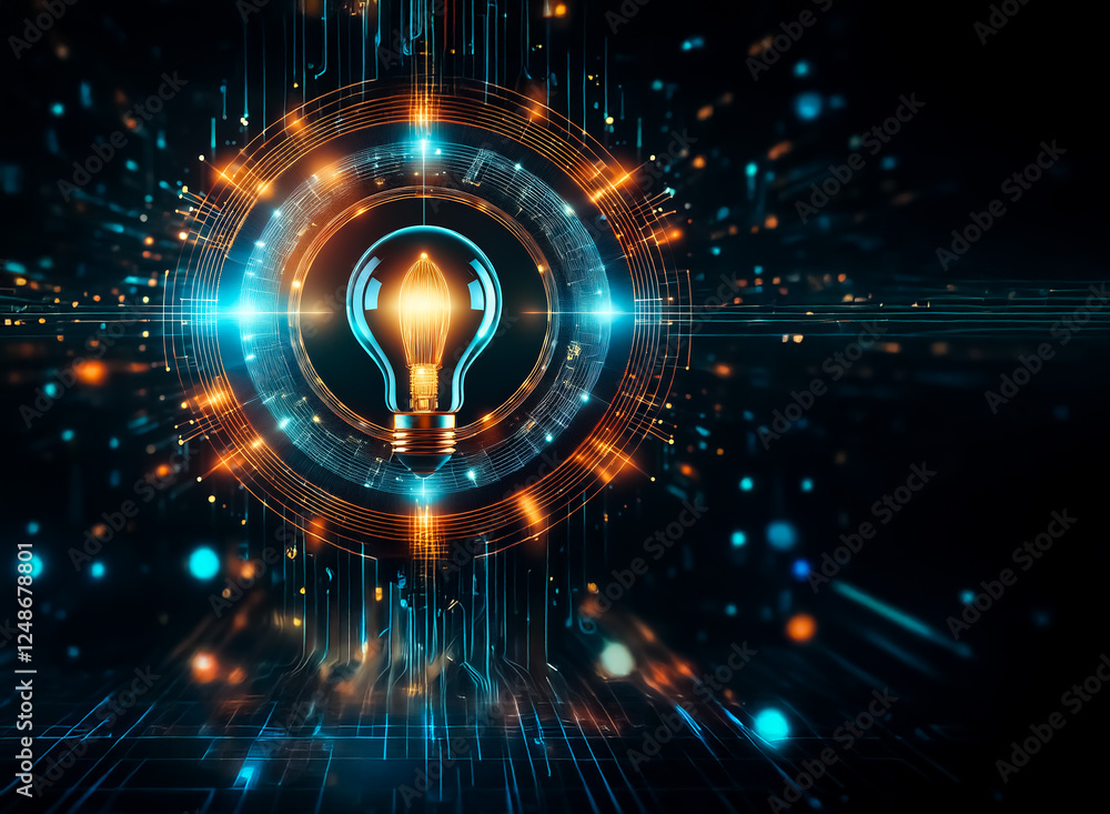 Leinwandbilder bright lightbulb emits energy surrounded by glowing digital circuits and bokeh effect, representing 