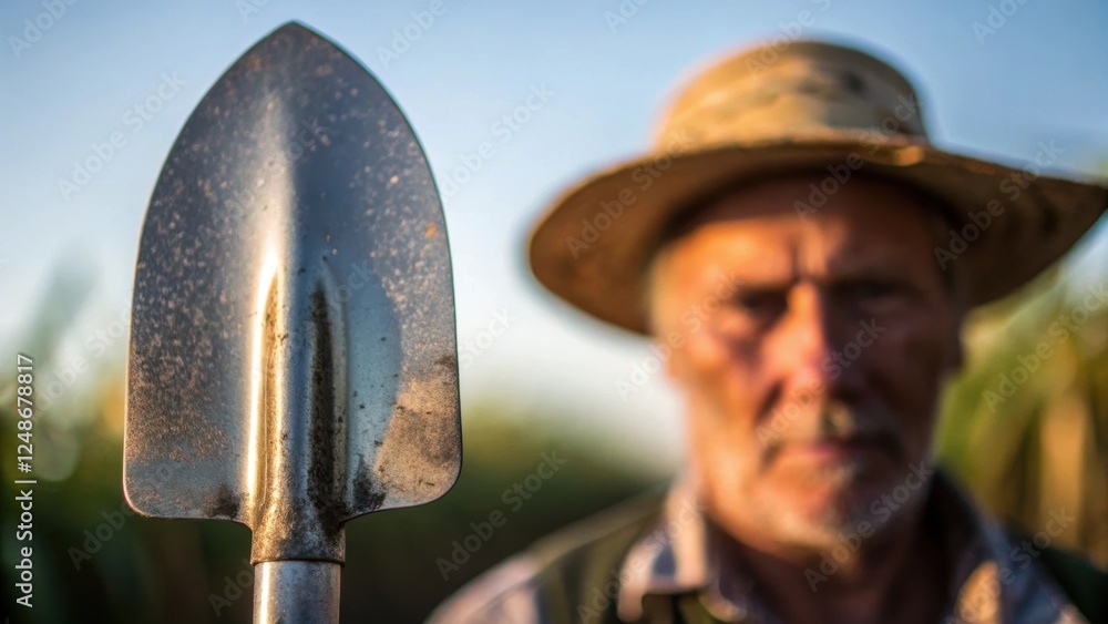 Poster a closeup shot capturing the spades metallic blade reflecting the sunlight with the farmers weathere