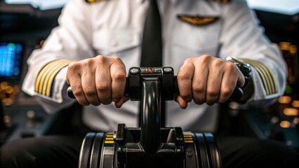 A closeup shot capturing the pilots hands gripping the flight controls exuding an air of authority and control with the uniforms fabric meticulously displaying the pilots rank