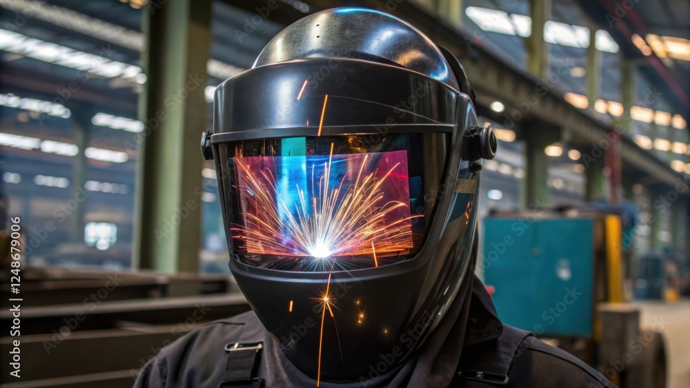 Poster A closeup shot of a welding helmets visor showing the reflection of a vibrant weld and surrounding factory environment with metal shards caught in the light.