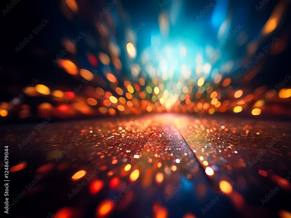 Leinwandbilder blurred lights in orange, yellow, and blue create a bokeh effect over a dark reflective surface. the