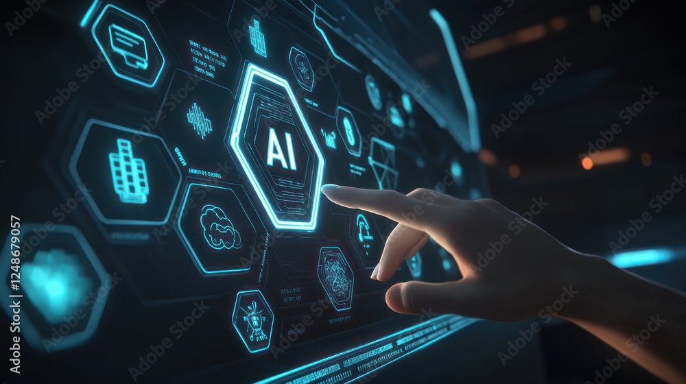 Aufkleber Futuristic Interface Displaying AI Technology Concepts and Digital Interaction with Touchscreen Elements