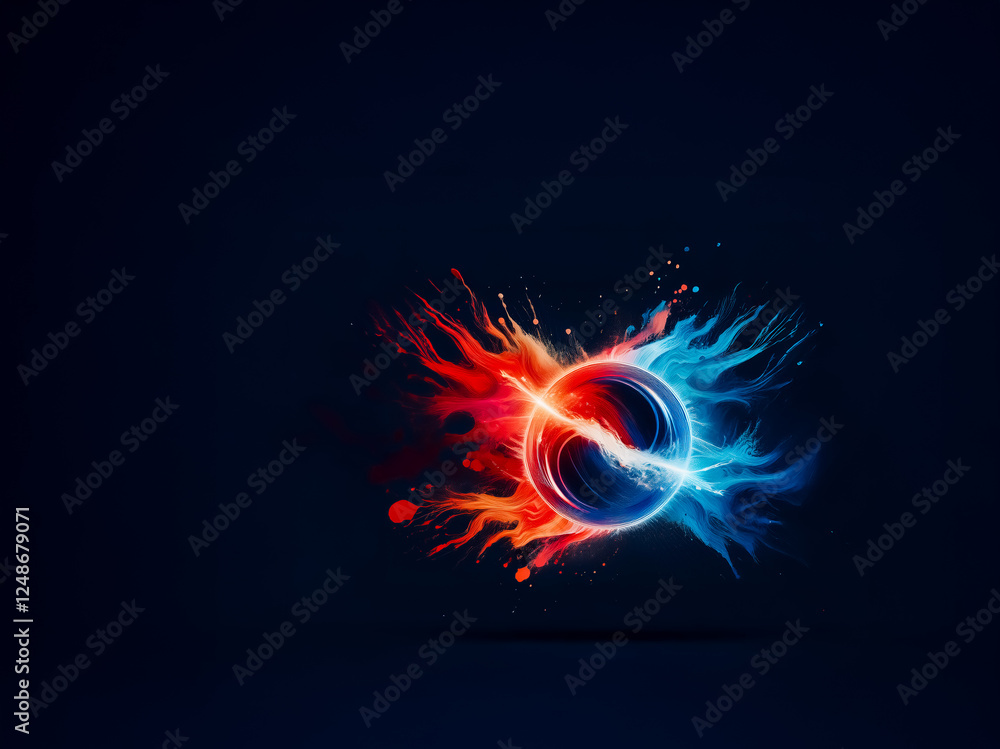 Fototapete vibrant energy bursts in red and blue emanate from a central glowing circle against a dark backdrop,