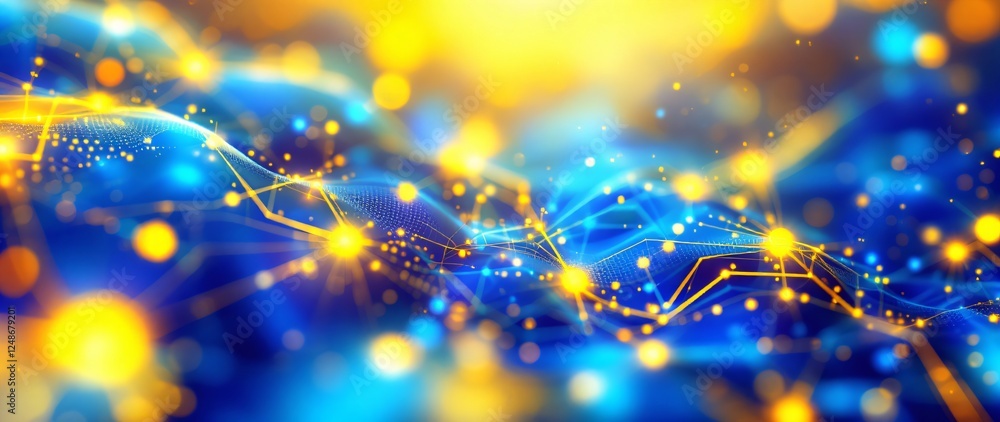Poster abstract blue and yellow glowing background with light particles and lines. digital network connecti