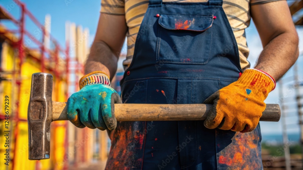Poster a closeup shot of the apprentices hands gripping a heavy tool revealing calloused palms and paintsta