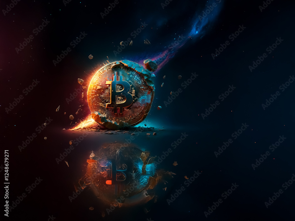 Poster A cracked coin with a 'B' symbol, possibly Bitcoin, breaks apart in a space-like environment with a nebula and reflection.