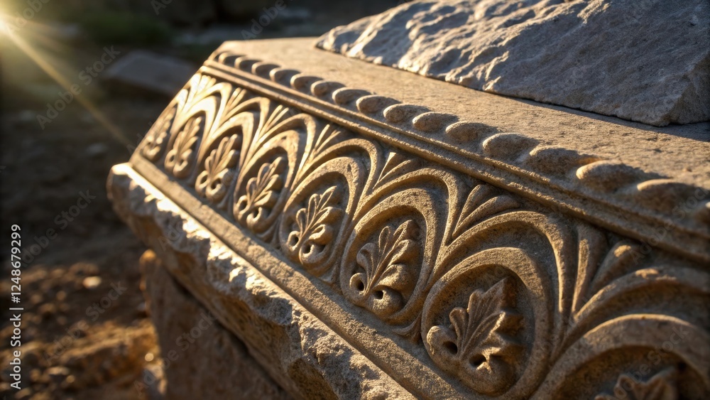 Poster a closeup shot of the partially chiseled stone revealing intricate patterns sunlight reflecting off 